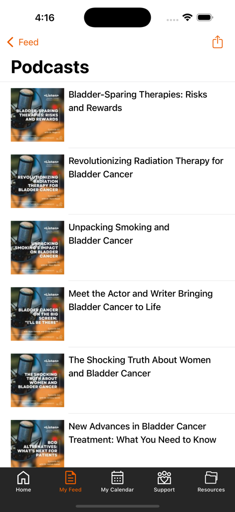 BCAN Bladder Cancer App - A list of educational podcasts about bladder cancer treatments and awareness within the BCAN mobile app.