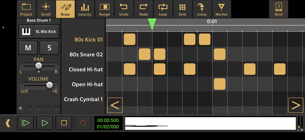 Audio Evolution Mobile Studio - Drum pattern sequencer interface in Audio Evolution Mobile Studio showing tracks for 80s kick and snare