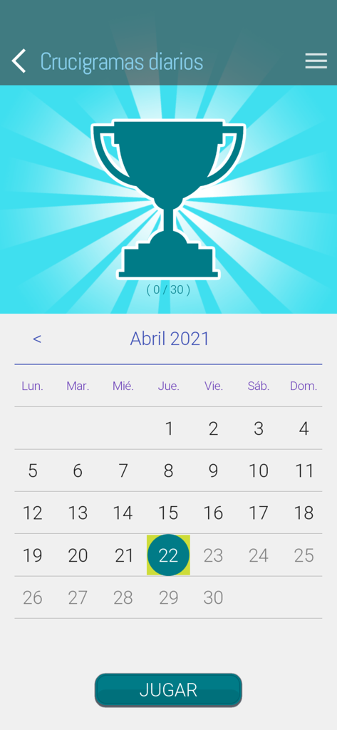 Interfaz de calendario mensual para seleccionar crucigramas diarios con un icono de trofeo de progreso