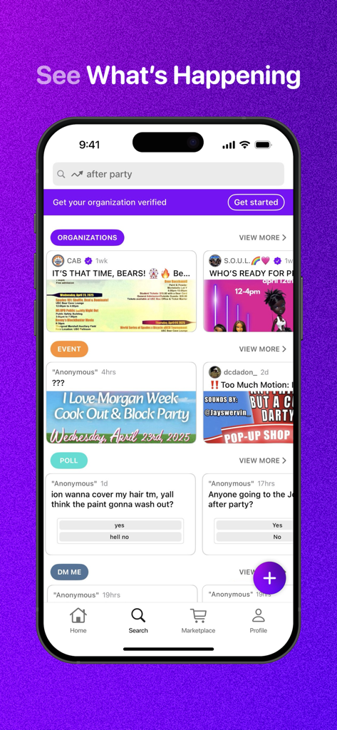 Fizz: Your Authentic Community - Pantalla de descubrimiento de la aplicación Fizz que muestra organizaciones del campus universitario y eventos estudiantiles.