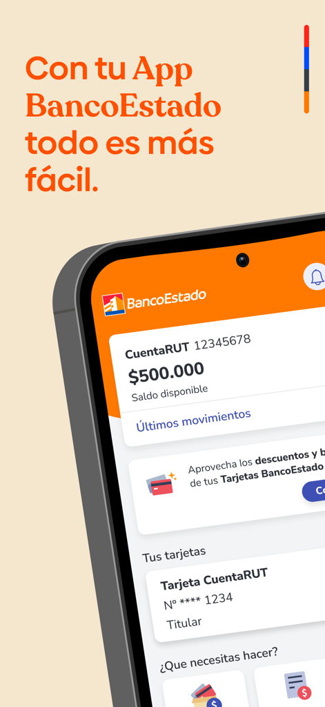 BancoEstado mobile app interface showing a Chilean bank account balance and card details