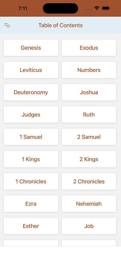 Pantalla que muestra el Índice de la aplicación Biblia Buenas Noticias con una lista de libros de la Biblia en un diseño de cuadrícula