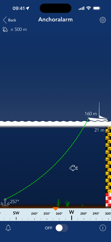 Sea Weather Professional - Sea Weather Professional anchor alarm screen showing a boat silhouette with depth and distance monitoring data