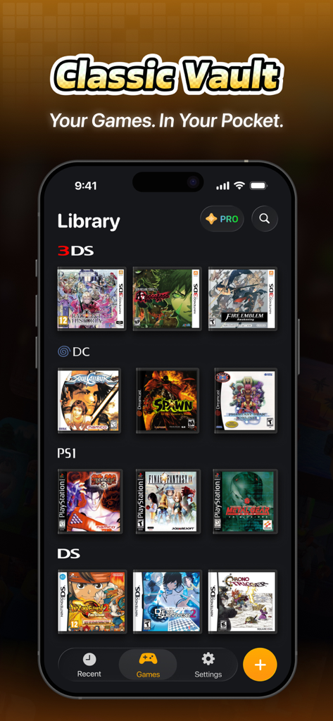 JOY Emulator - 3DS,PSX,PSP,GBA - JOY Emulator app displaying a classic games library with titles for 3DS Dreamcast PS1 and Nintendo DS consoles on an iPhone