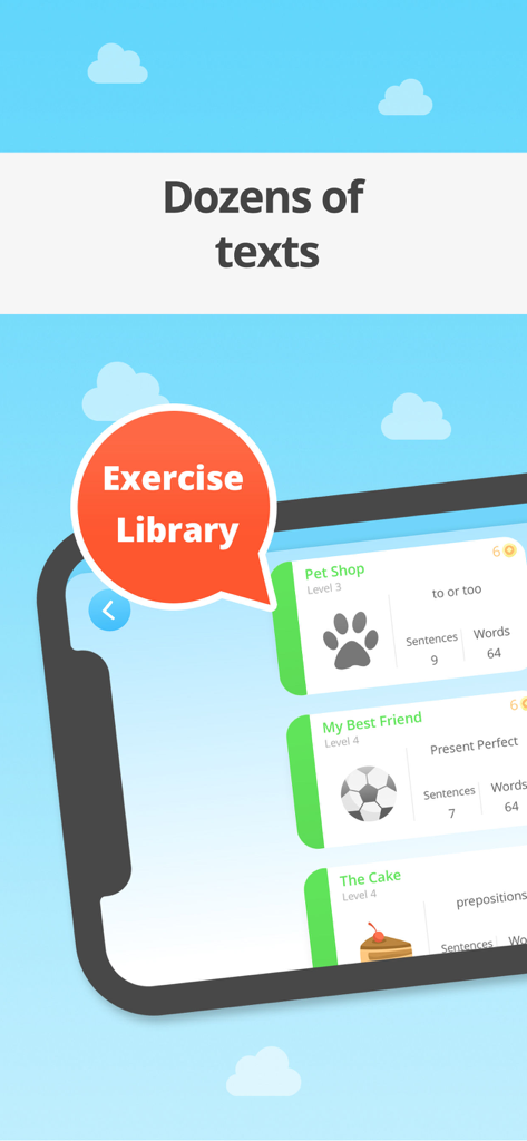 Interface showing the exercise library of the EASY peasy spelling app with various topics like Pet Shop and My Best Friend