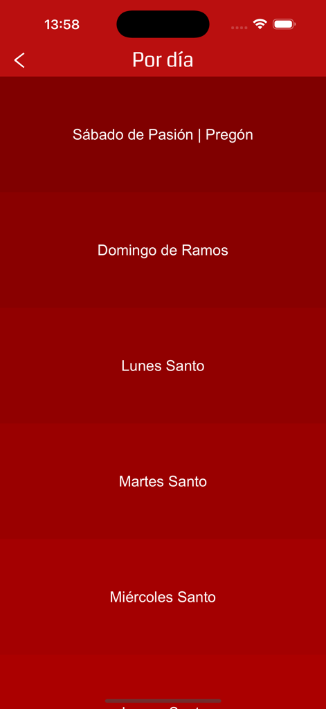 sSantaZgz - Mobile app menu showing the daily schedule for Holy Week processions in Zaragoza.
