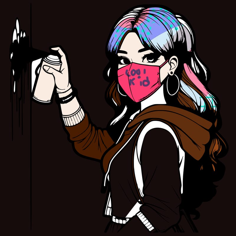 realistic girl with mask spray painting a wall