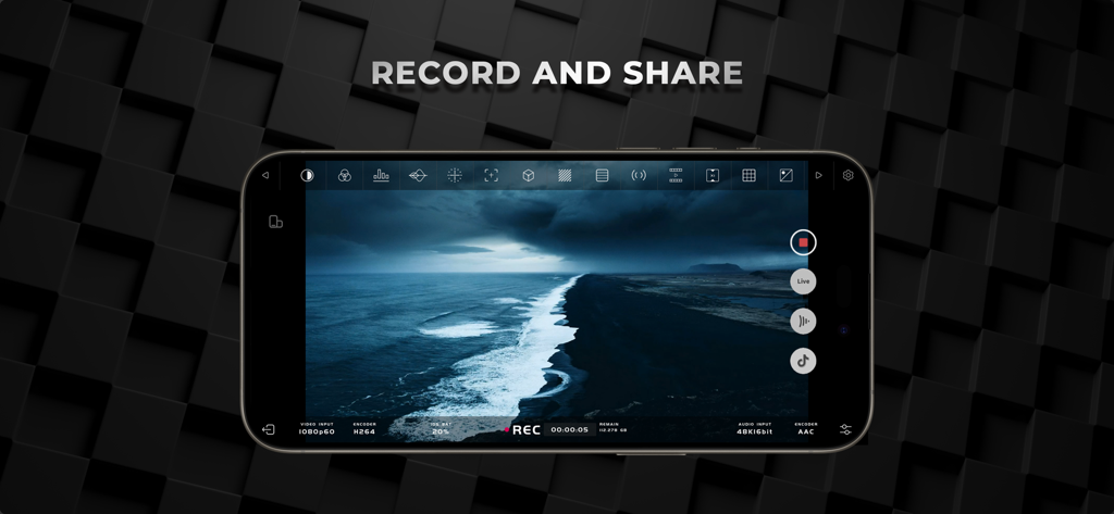 Accsoon SEE - Accsoon SEE app interface showing professional video recording and sharing features on an iPhone screen.