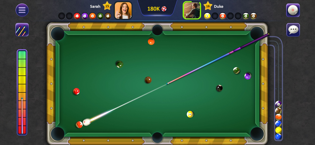 Sir Snooker: 8 Ball & 9 Ball - Top-down view of an online multiplayer pool match on a green table in the Sir Snooker mobile game.