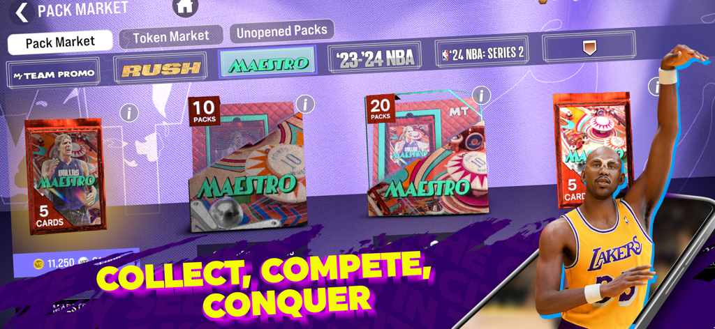 NBA 2K24 MyTEAM Pack Market interface displaying Maestro card packs and a Lakers player.