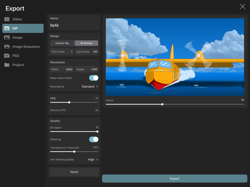 ToonSquid app interface showing export settings for a 4K animated GIF of a yellow seaplane.