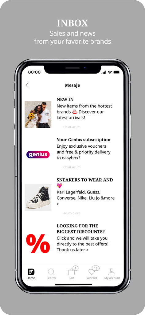 Écran de l'application mobile montrant la boîte de réception de Fashion Days avec des alertes de ventes et des nouvelles des marques de mode