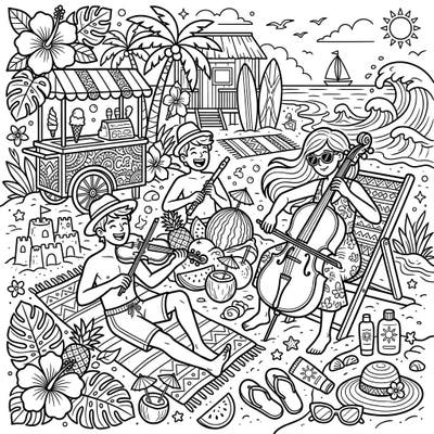 Experience a unique summer getaway with our classical musicians coloring page. Dive into a vibrant beach scene where instruments meet sunshine, tropical fruits, and endless creative possibilities for your colors.