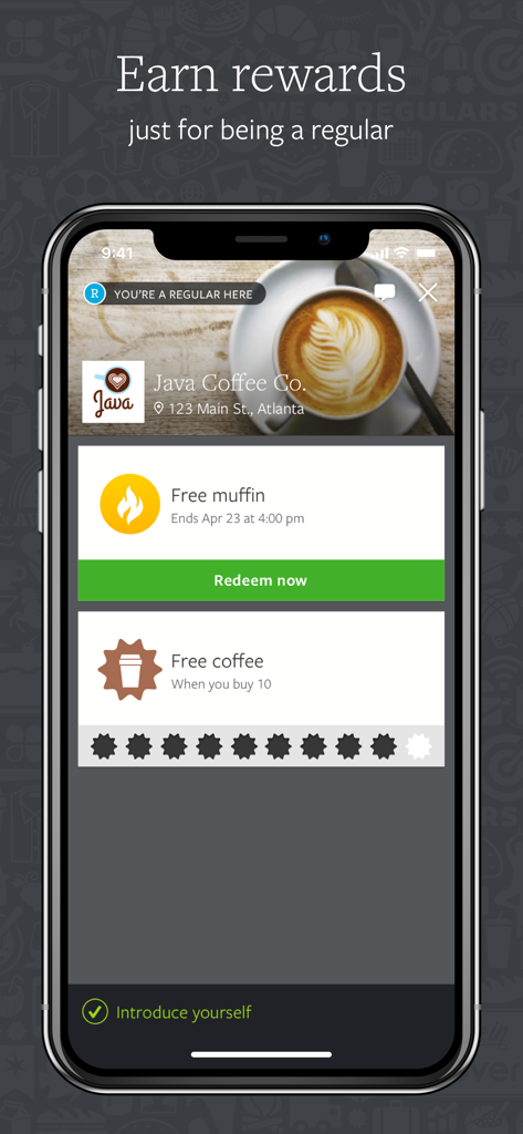 Clover mobile app interface displaying digital loyalty rewards and a punch card for a local coffee shop