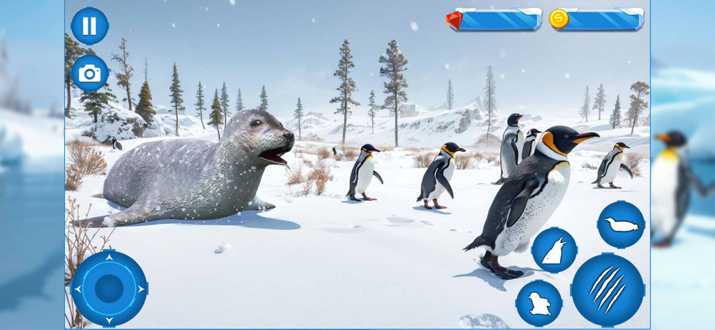 Penguin Family Simulator Game - Emperor penguins encountering a seal in a snowy arctic landscape