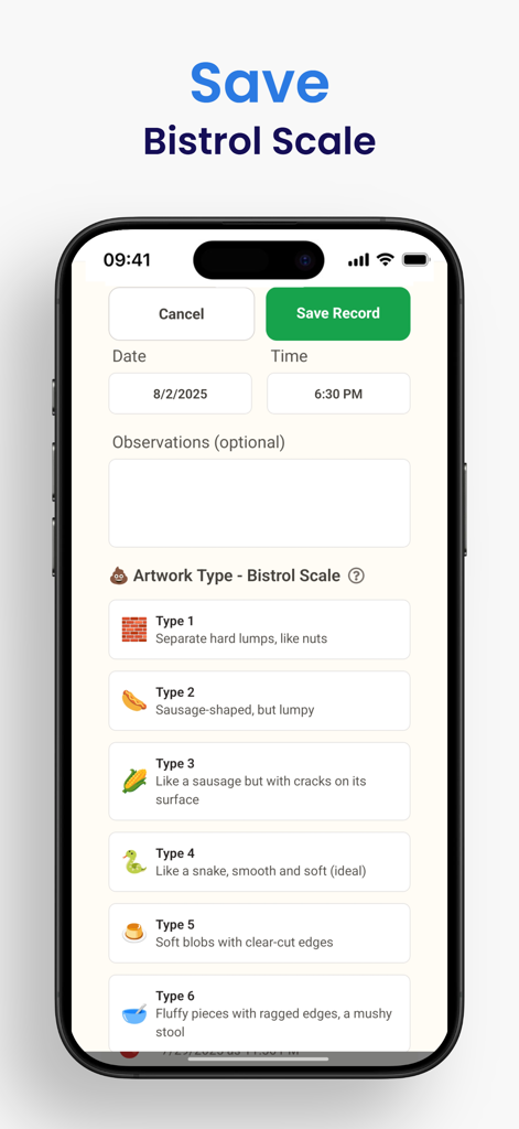 Top Poop Diary - Top Poop Diary record screen showing the Bristol Stool Scale for bowel movement tracking
