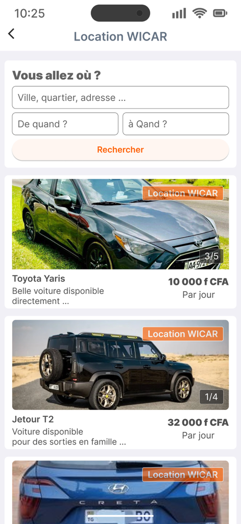 Loomi app interface showing car rental listings for Toyota Yaris and Jetour T2 with prices