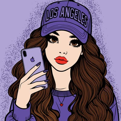 realistic beautiful girl wearing los ángeles cap holding an iphone