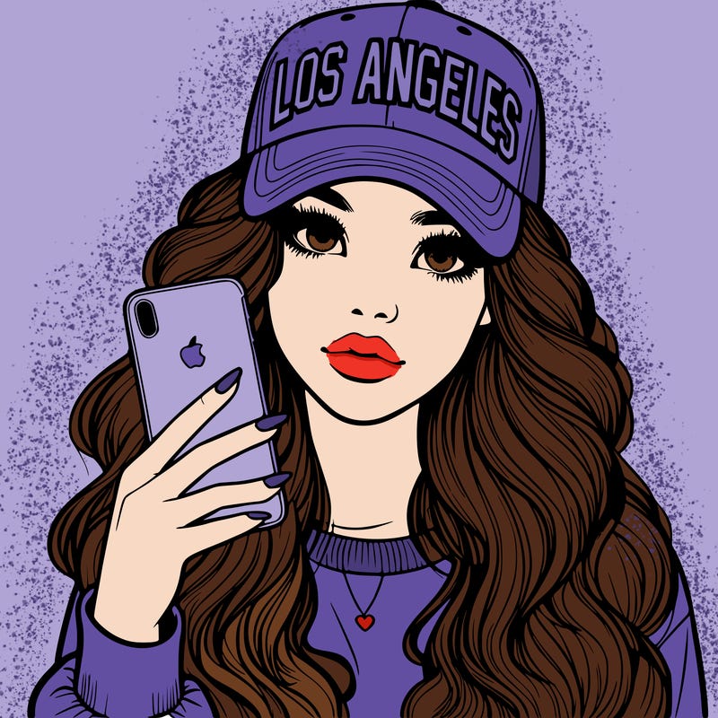 realistic beautiful girl wearing los ángeles cap holding an iphone