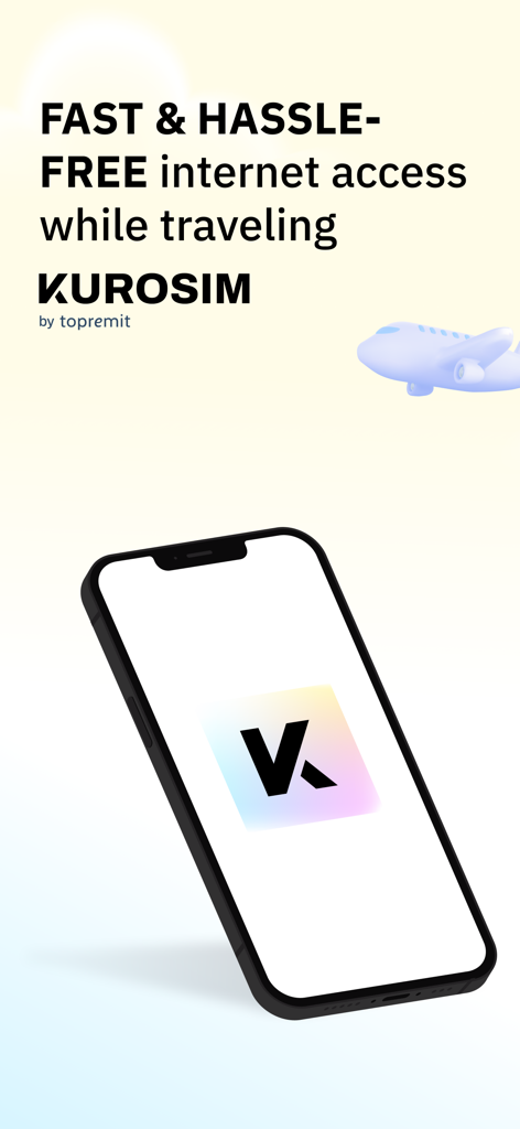 Kurosim app promotional screen highlighting fast and hassle-free international travel internet with an eSIM