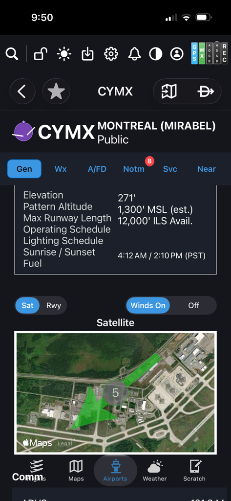 APG Pilot ONE app interface displaying general information and satellite map view for Montreal Mirabel airport