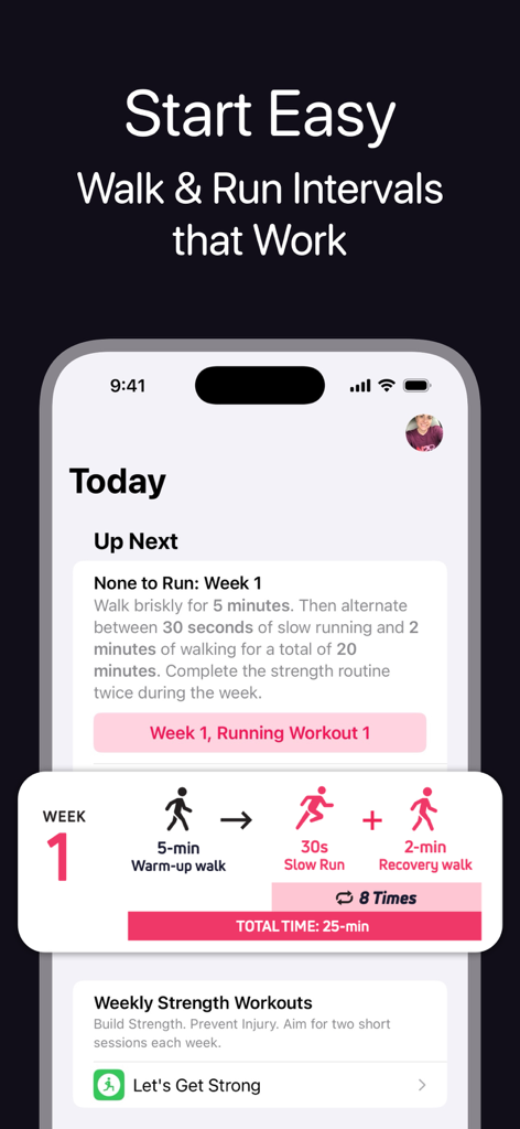 None to Run: Beginner, 5K, 10K - None to Run app interface showing a Week 1 workout plan with walking and running intervals for beginners.