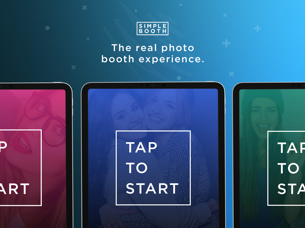 Three iPad screens showing the Simple Booth Classic interface with colorful photo filters and a Tap to Start button