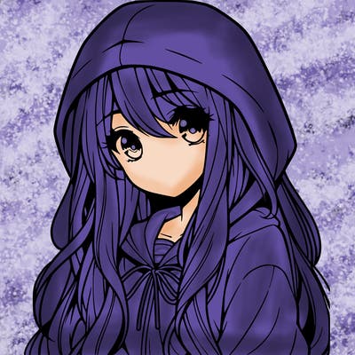 anime girl with long hair and a hoodie on with big eyes