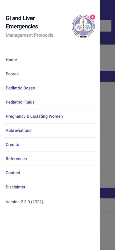 Menu de navegação do aplicativo médico Fígado e Emergências GI mostrando categorias de protocolos de manejo
