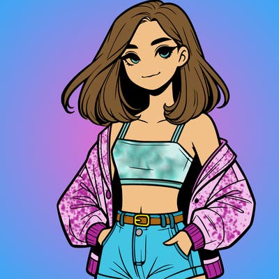 a realistic girl with a crop top and short shorts in an open jacket