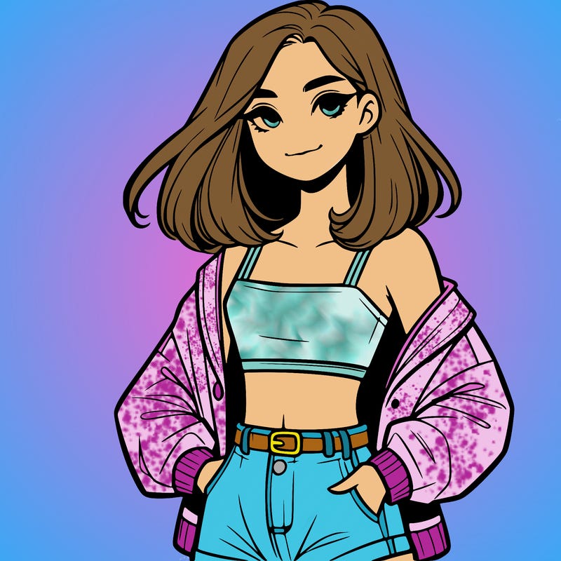 a realistic girl with a crop top and short shorts in an open jacket