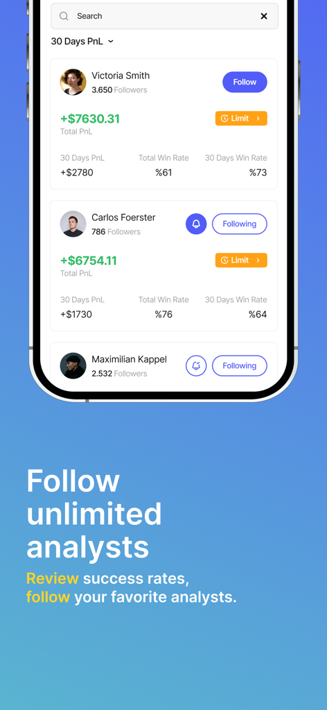 bottomUP - Social - Interfaz de la aplicación bottomUP que muestra perfiles de analistas de criptomonedas con sus estadísticas totales de ganancias y tasa de aciertos