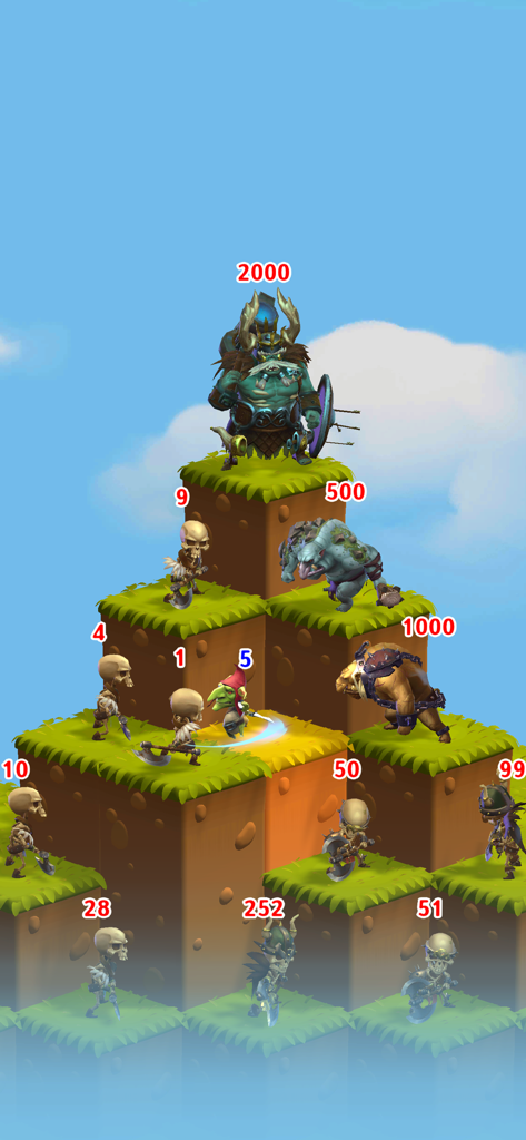 Dungeon Crusher AFK Heroesの縦型レベルマップでモンスターと戦うヒーローキャラクター