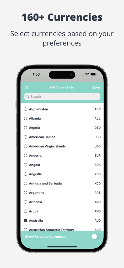 Currency - Exchange Converter - 通貨両替コンバーターアプリで選択するために、160以上のグローバル通貨のリストを表示するモバイルアプリ画面。