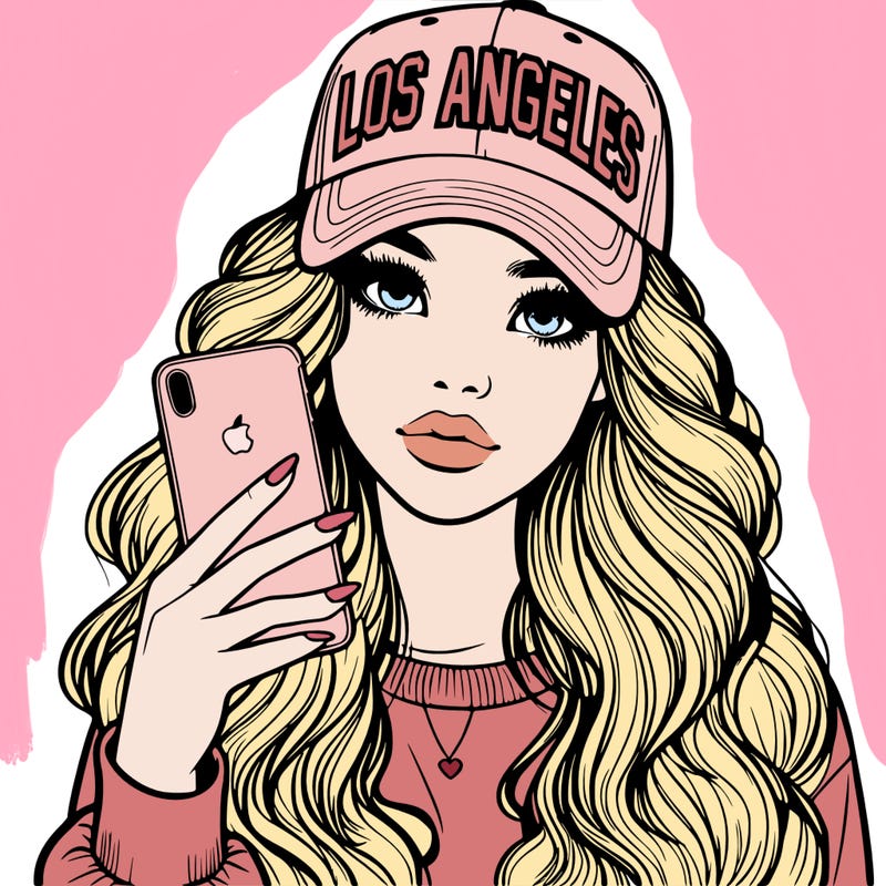 realistic beautiful girl wearing los ángeles cap holding an iphone