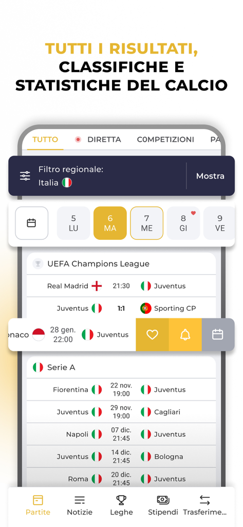 Interfaz de la aplicación móvil que muestra los calendarios y resultados de los partidos de fútbol de la Juventus para diferentes competiciones.