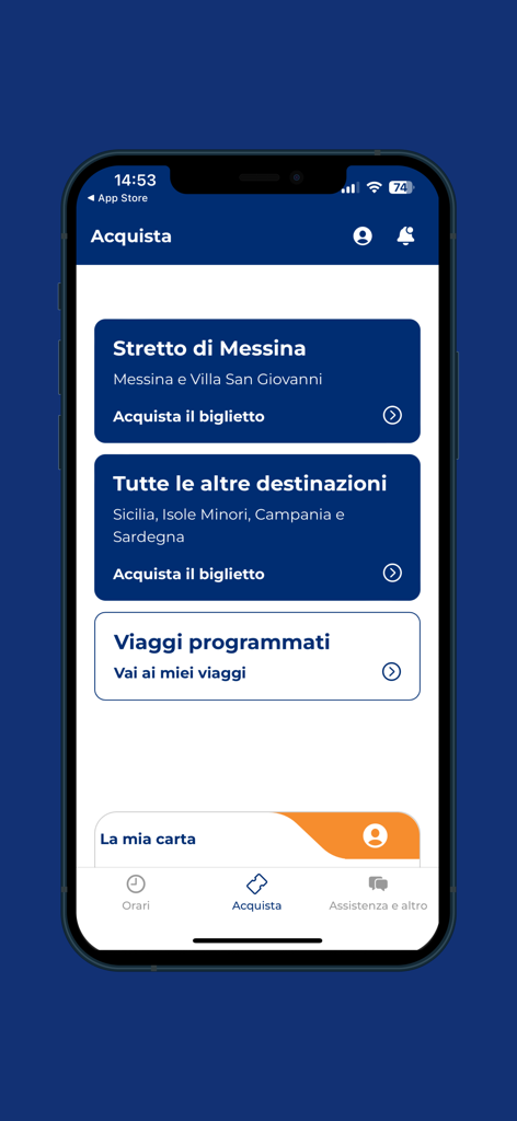 Schermata del programma fedeltà dell'app mobile Caronte & Tourist che mostra un codice QR digitale e lo stato dei punti premio.