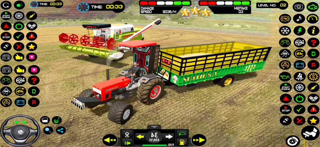 Tractor Games: Tractor Driving - Gameplay screenshot of a red tractor pulling a large green trailer in a field with a combine harvester