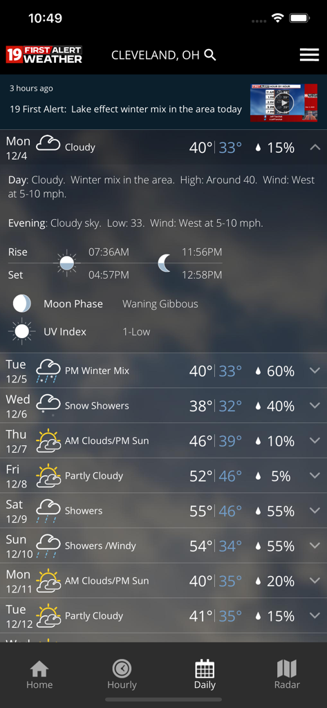 Cleveland19 FirstAlert Weather - Cleveland19 FirstAlert Weather app showing the 10-day daily weather forecast for Cleveland Ohio