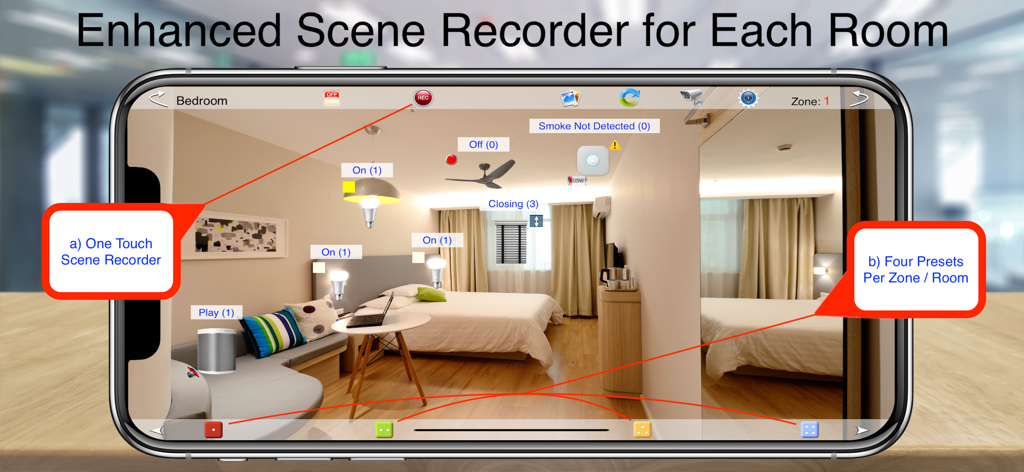 HOS Smart Home app showing a bedroom with interactive scene recorder and device controls
