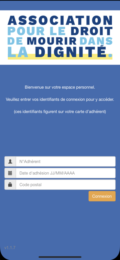 The login screen of the ADMD et Moi app featuring fields for membership number, date of joining, and postal code.