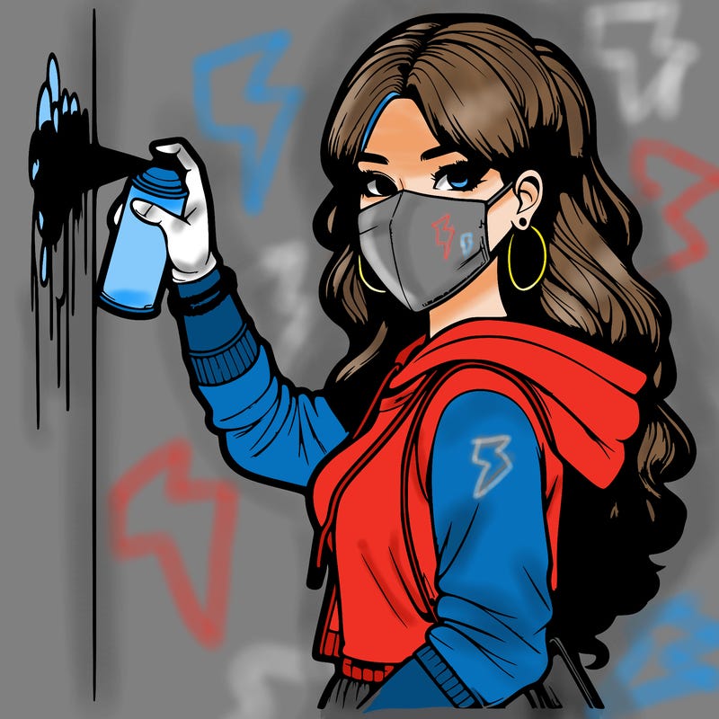 realistic girl with mask spray painting a wall