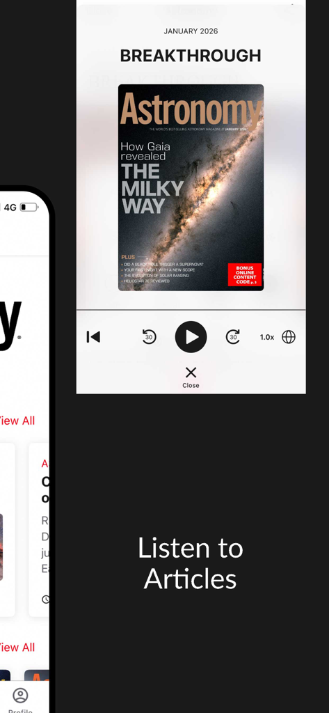 Astronomy Magazine - An audio player interface within the Astronomy Magazine app showing a Milky Way themed issue with a button to listen to articles.