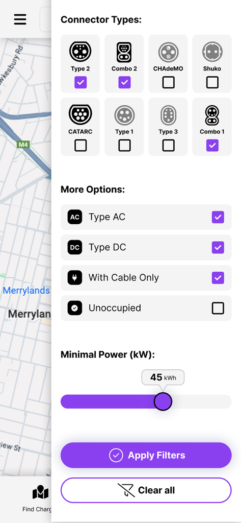 La pantalla de filtros de la aplicación Exploren que muestra los tipos de conectores de vehículos eléctricos y los ajustes de potencia mínimos.