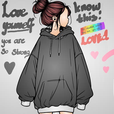 realistic girl with a oversized sweatshirt on and a bun