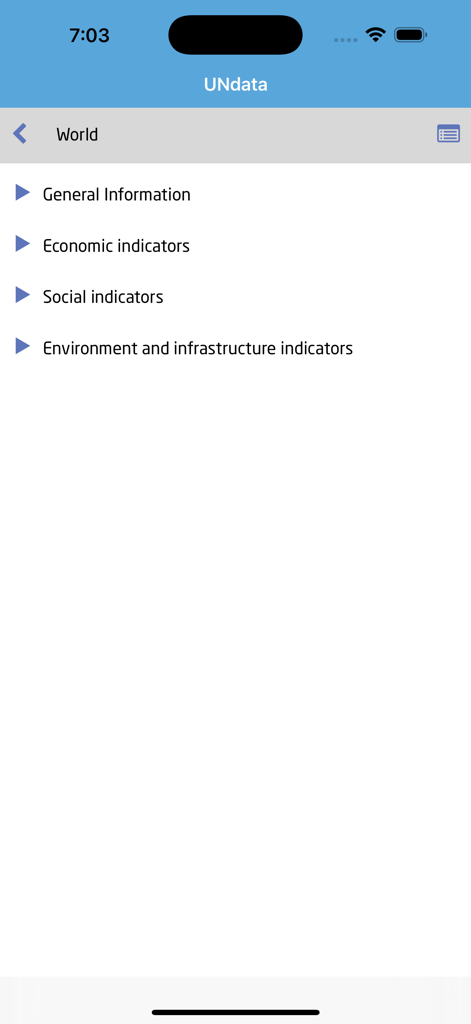 Menú principal de la aplicación UNdata que muestra categorías para estadísticas mundiales, incluidos indicadores económicos y sociales