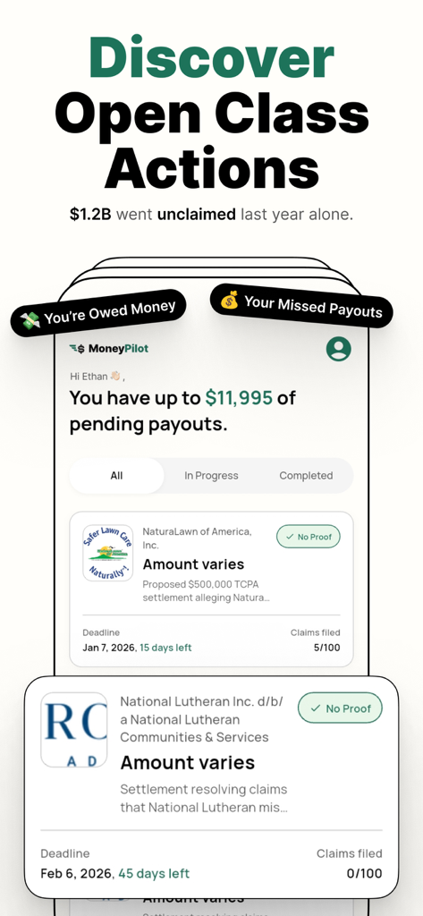 MoneyPilot: Class Action - Interfaz de la aplicación MoneyPilot que muestra pagos pendientes de demandas colectivas y reclamaciones de liquidación abiertas