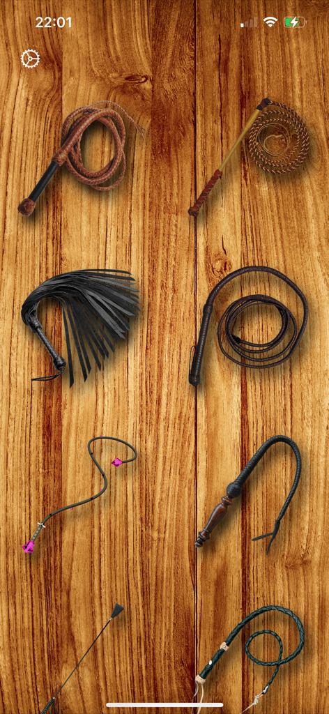 Whip Simulator - Pocket Whip - Uma seleção de diferentes estilos de chicote virtuais em um fundo de madeira