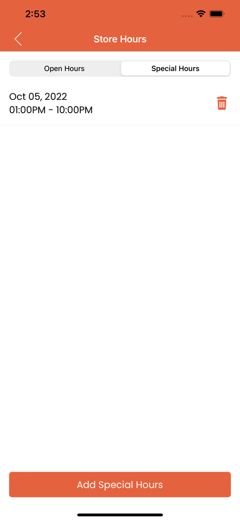 Beyond Menu Restaurant Owner app interface for setting special business hours.