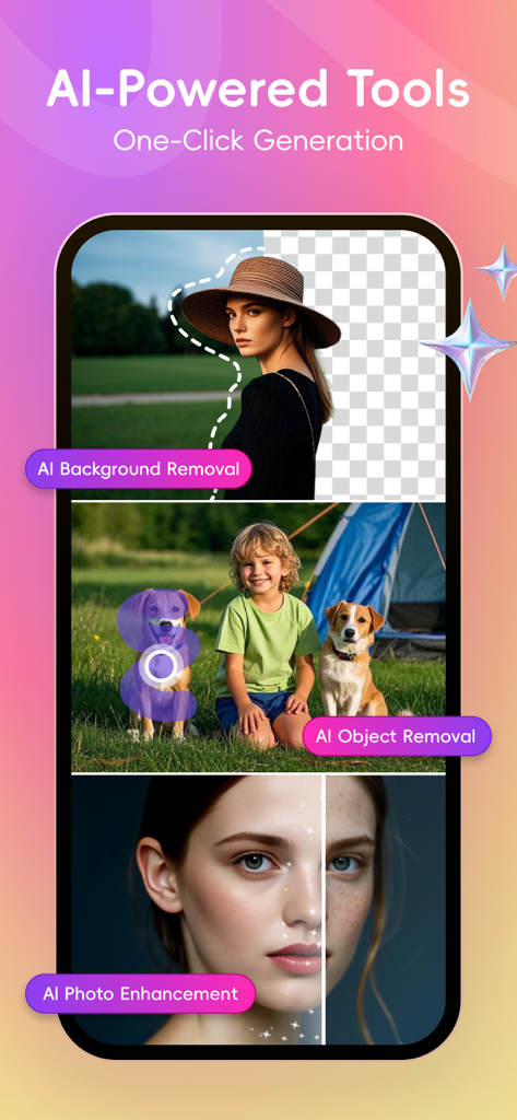Licowa -Photobooth & Wallpaper - Interface do aplicativo Licowa mostrando ferramentas de remoção de fundo com IA, remoção de objetos e aprimoramento de retratos.